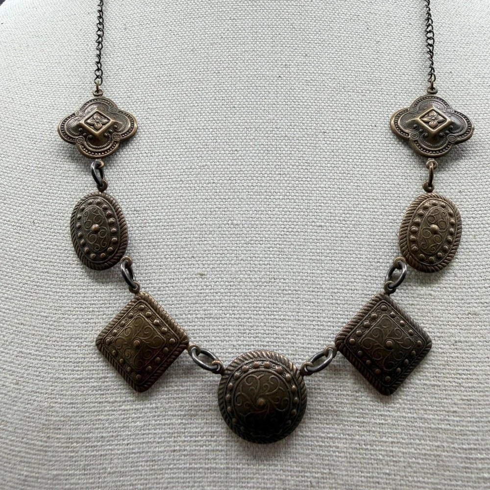 Bronze Tone Filigree Geometric Statement Necklace Boho Cottagecore Festival Gift